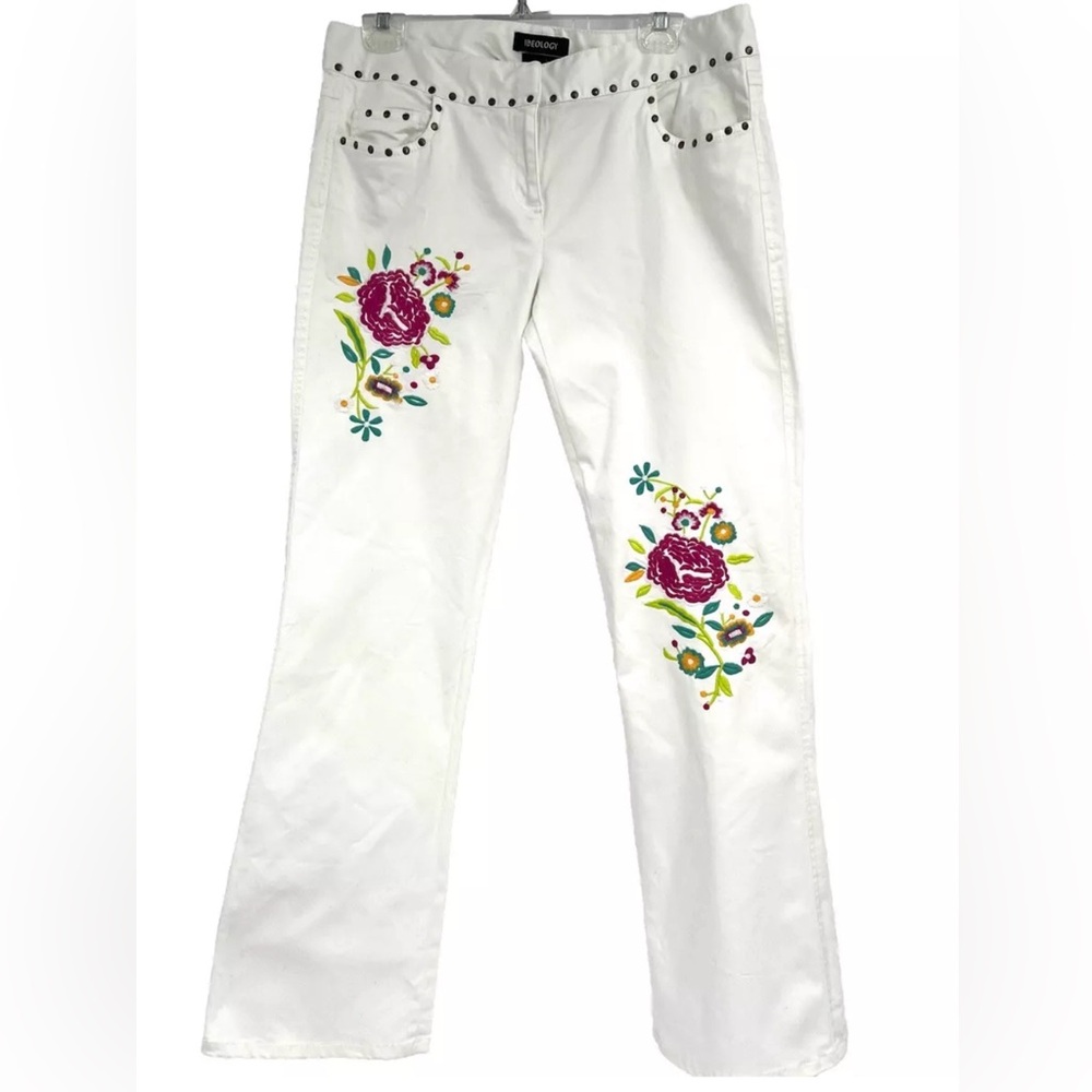 Ideology Low Rise Floral Embroidered Stretch Twill Bootcut Pants White Size 12